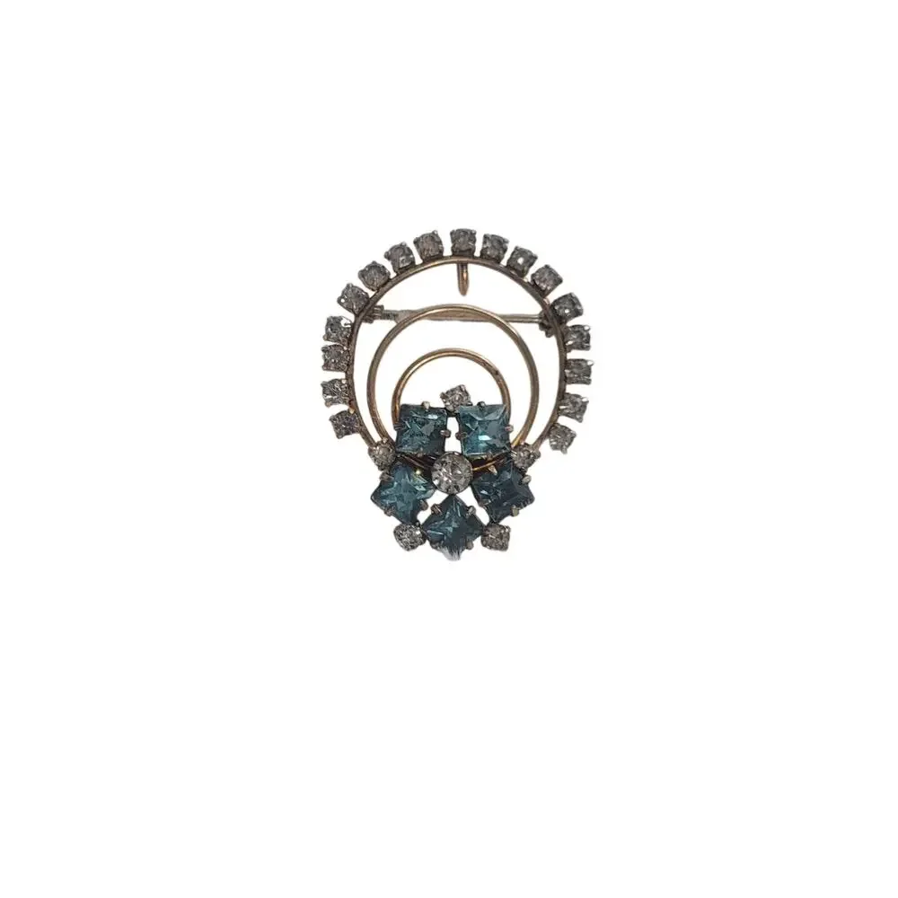 Brooch Or Pendant in Gold Tone with Clear & Teal Color Rhinestones